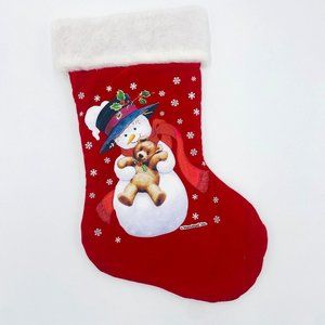 Vintage Moorehead Christmas Stocking Red Velvet Faux Fur Trim Snowman & Bear
